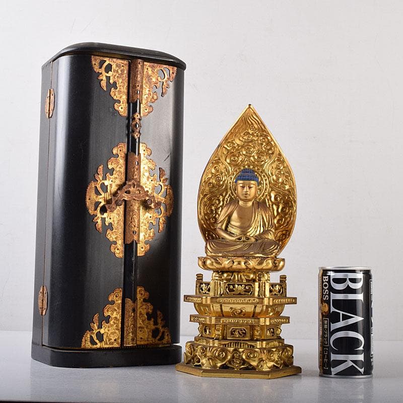 仏教美術　木彫鍍金　阿弥陀如來座像　仏像　厨子付　V　8159