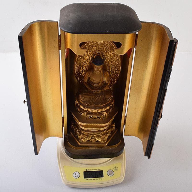 仏教美術　木彫鍍金　阿弥陀如來座像　仏像　厨子付　V　8159