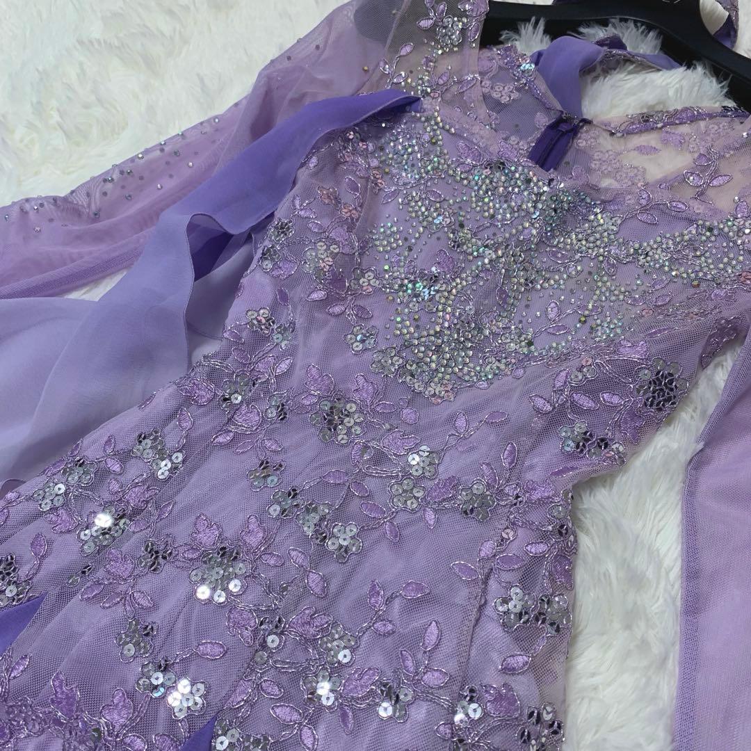 【豪華装飾/パープル◆社交ダンスドレス】M相当 ビジュー 競技 デモ 衣装
