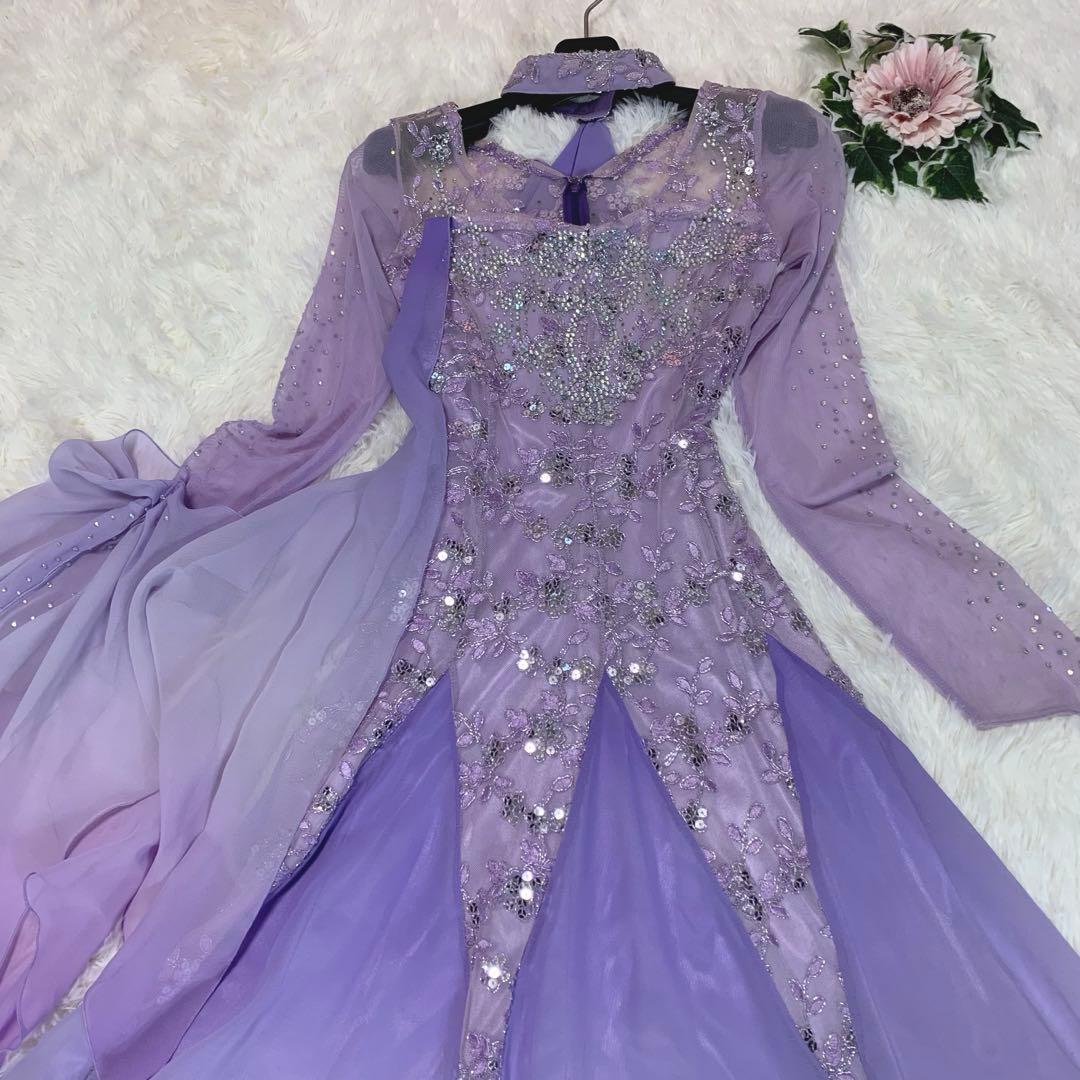 【豪華装飾/パープル◆社交ダンスドレス】M相当 ビジュー 競技 デモ 衣装