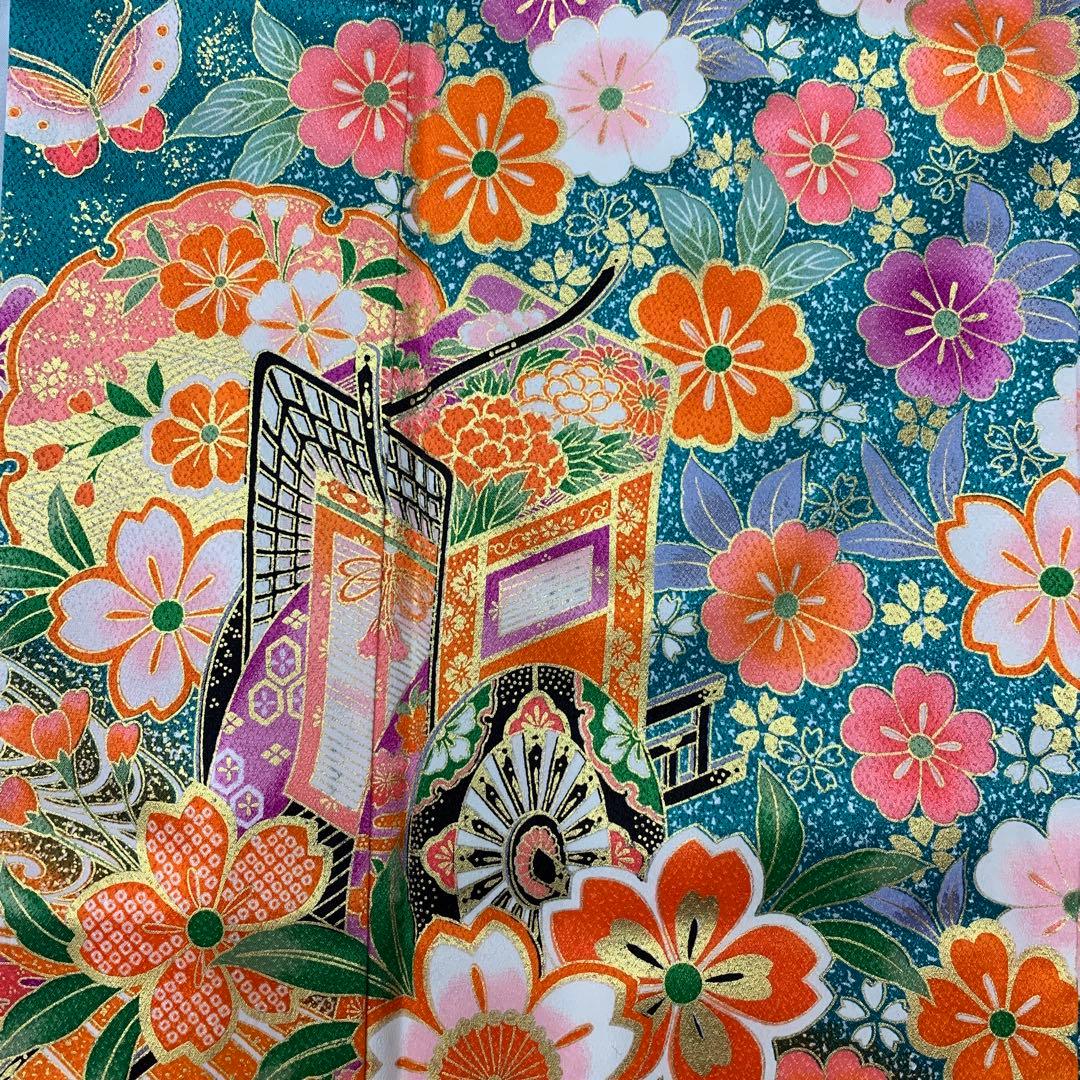 508agu16.410ag11□七五三 7歳 女児 着物のみ 金彩 御所車 花