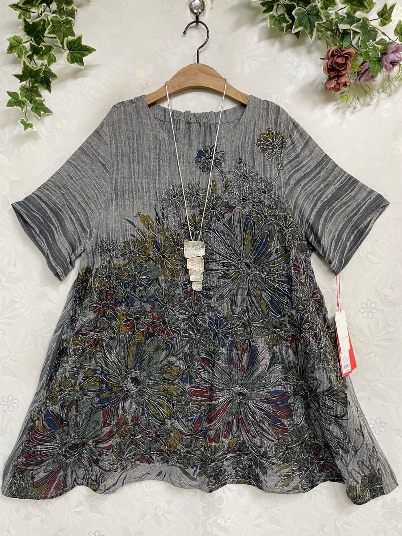 花938新品koibitomisaki 綿麻 刺繍付きAラインTU/951