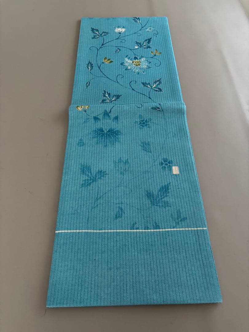 二葉苑 コバルトブルー 変わり織 紬地 正絹 九寸名古屋帯 極美品