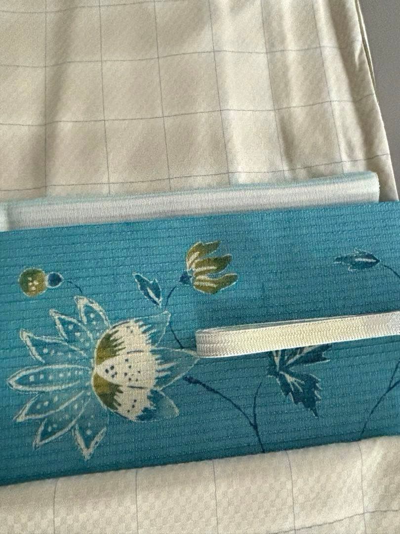 二葉苑 コバルトブルー 変わり織 紬地 正絹 九寸名古屋帯 極美品