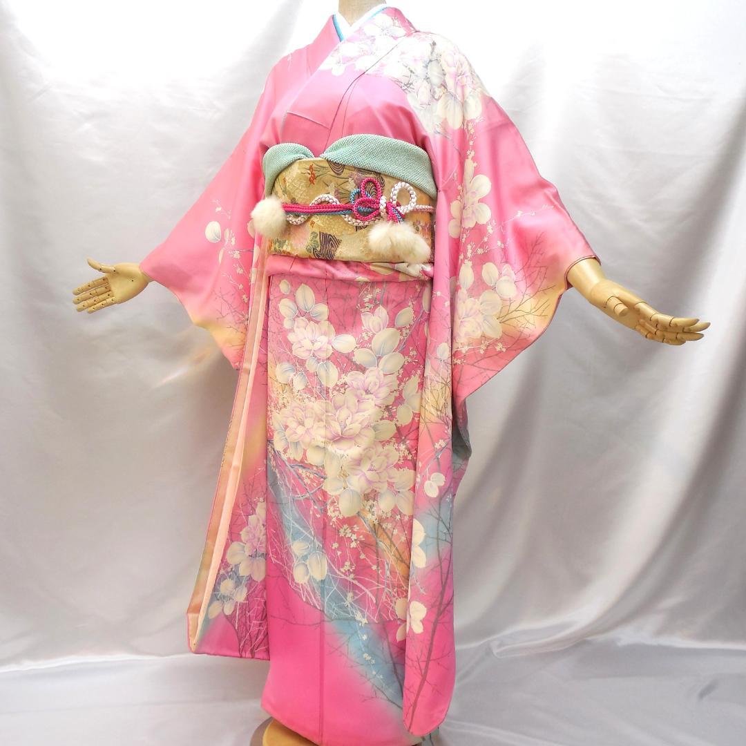 訳あり特価★美品　振袖フルセット　正絹　成人式　振袖　Mサイズ　ピンク　花柄