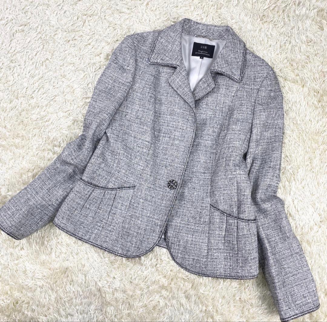 美品 23区 ワンピースセットアップ ラメツイード ビジューボタン 40 グレー