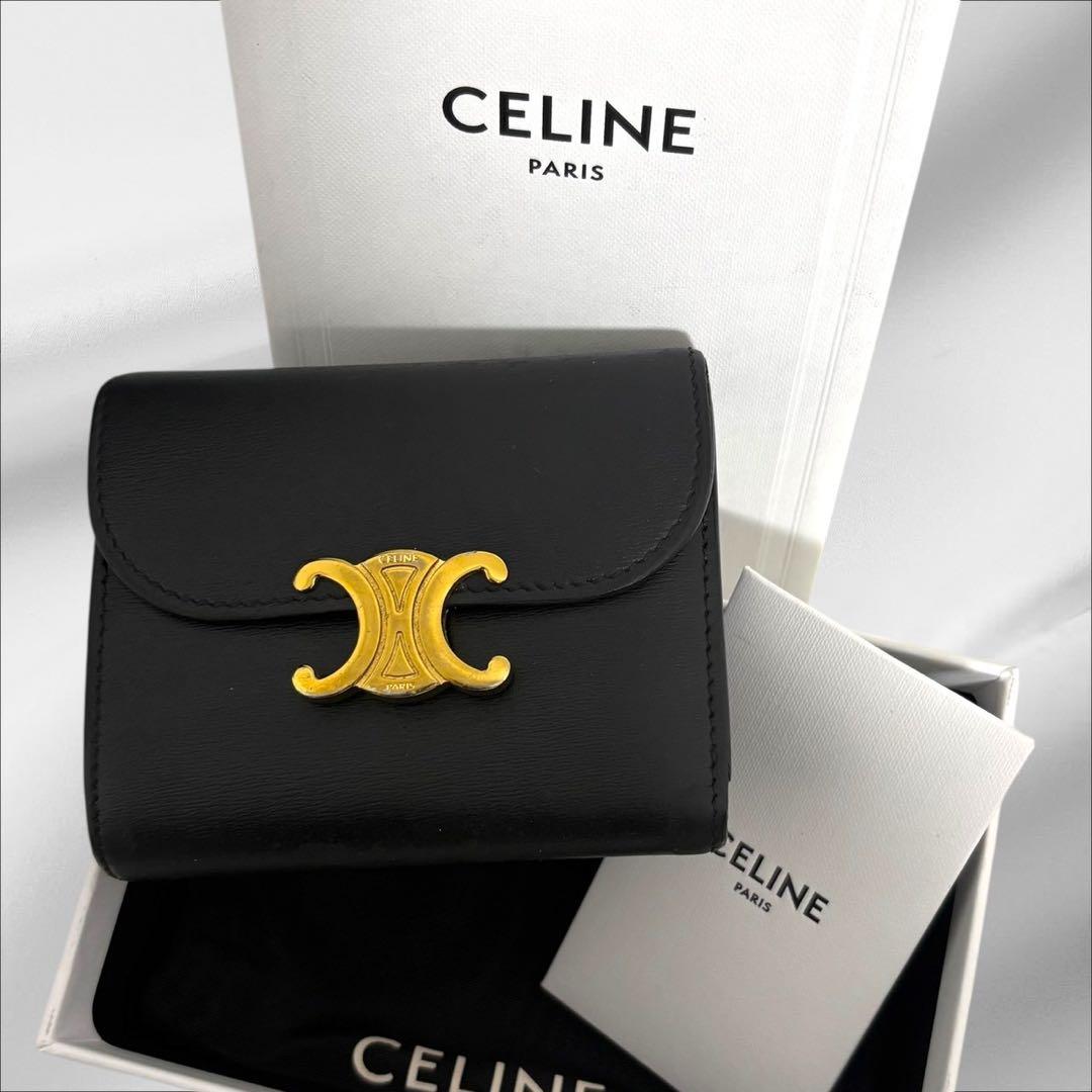 美品✨ CELINE セリーヌ トリオンフ ブラック レザー 三つ折り 財布