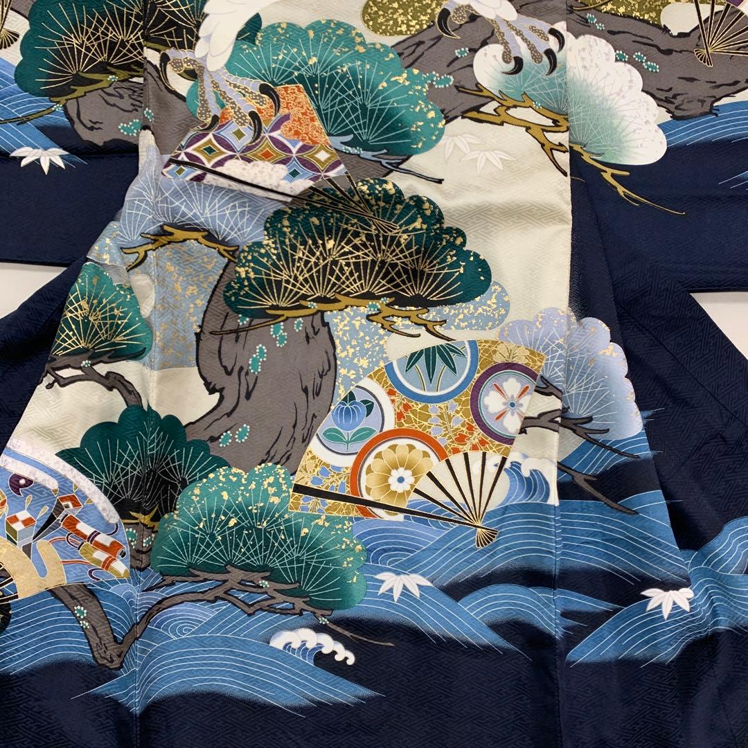 新品正絹産着祝着京友禅伝統工芸、本金、特選大鷹と祝大王松波古典文 　しつけ糸付き