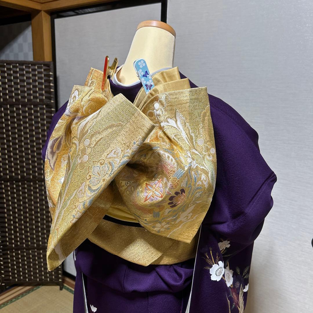 中古美品紫色の鶴と花の金彩友禅中振袖 と袋帯　長襦袢の3点セット