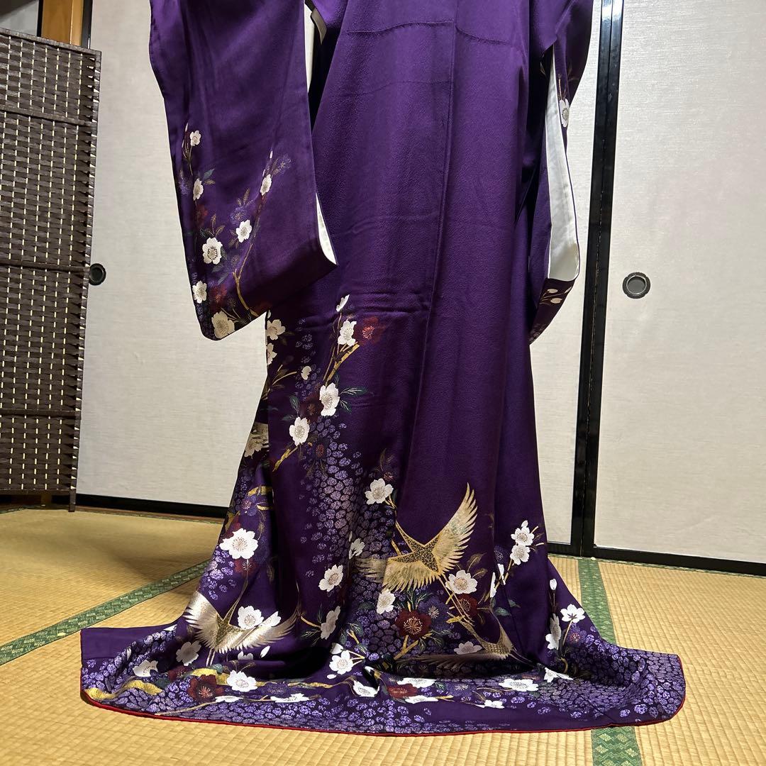 中古美品紫色の鶴と花の金彩友禅中振袖 と袋帯　長襦袢の3点セット