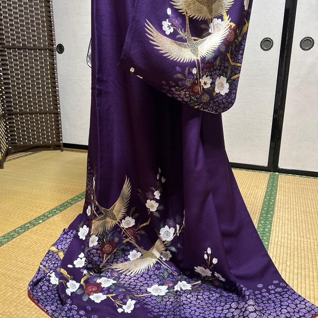 中古美品紫色の鶴と花の金彩友禅中振袖 と袋帯　長襦袢の3点セット