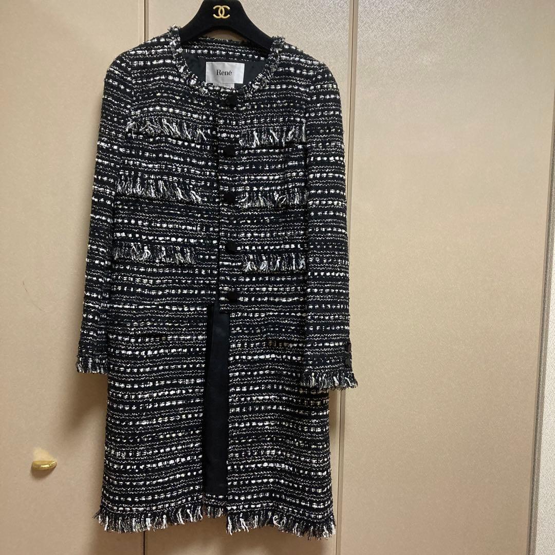 美品♡René ツイードノーカラーロングジャケット 34