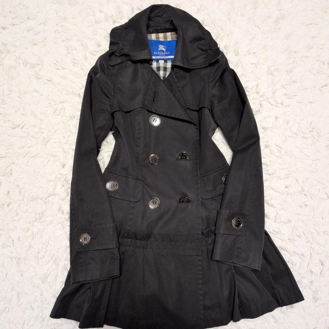 【美品】バーバリーブルーレベル☆フリル　ノバチェック　トレンチコート　ブラック