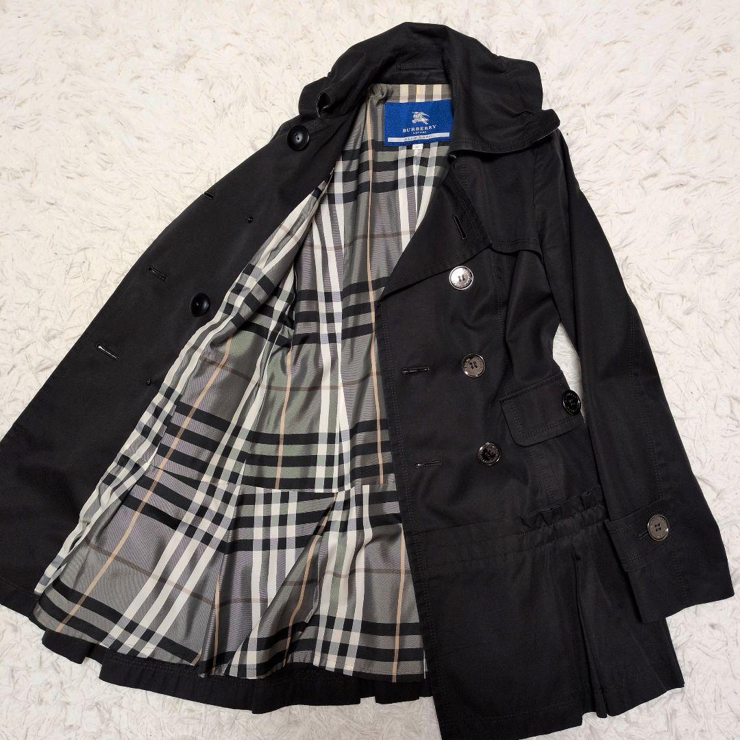 【美品】バーバリーブルーレベル☆フリル　ノバチェック　トレンチコート　ブラック