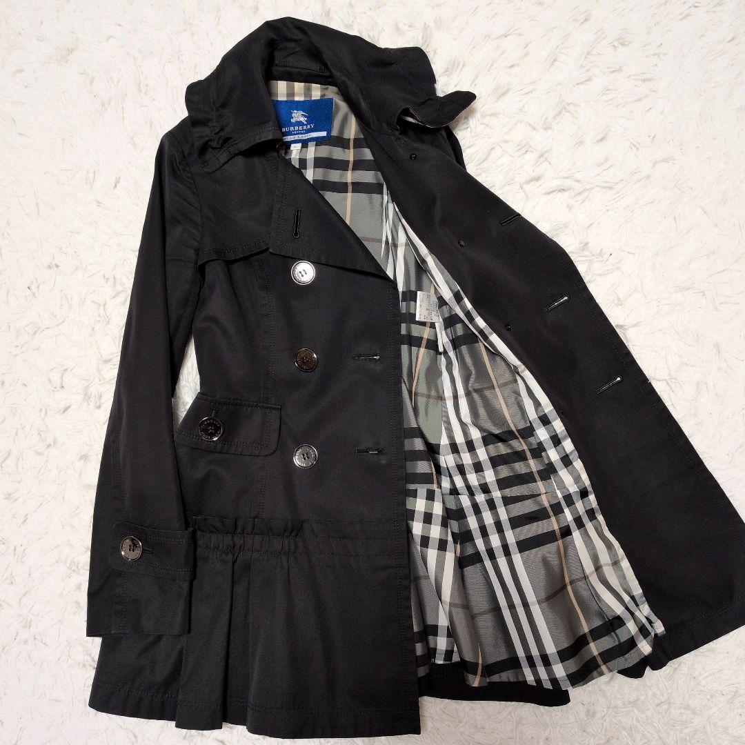 【美品】バーバリーブルーレベル☆フリル　ノバチェック　トレンチコート　ブラック