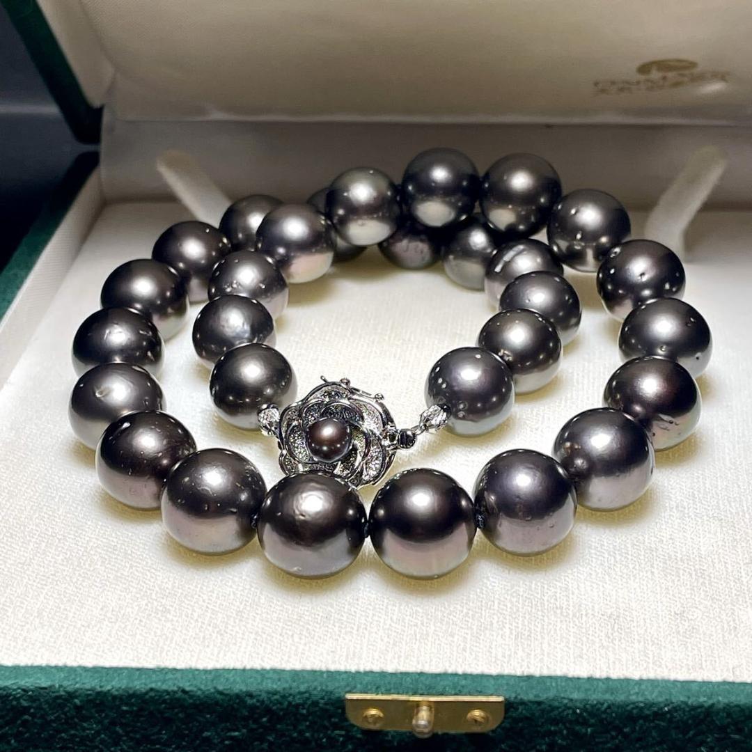 【大珠◎/糸替え/クリーニング】黒蝶真珠 パール ネックレス 13-14.8mm