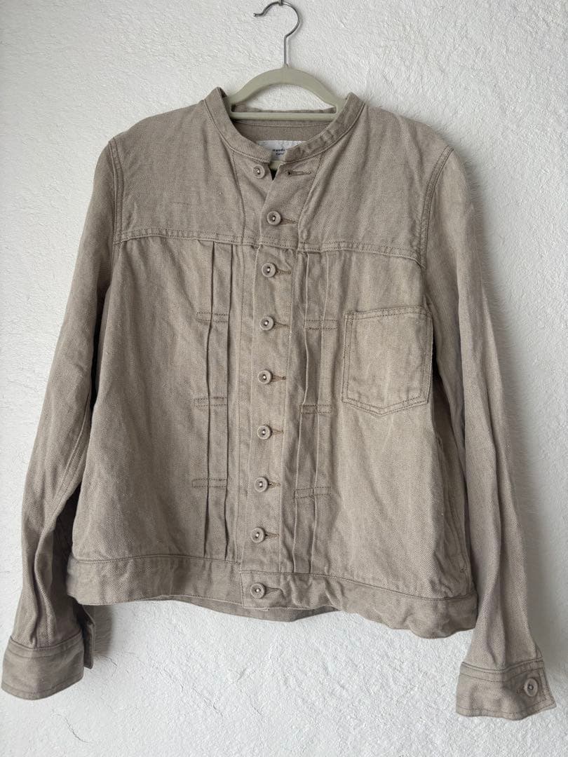 ハンズオブクリエイション 麻リネンデニム ノーカラージャケット Gジャン 麻色