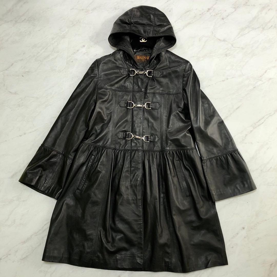 ✨極美品✨バルマン ロングコート 2way オールレザー 羊革 フォックス 黒