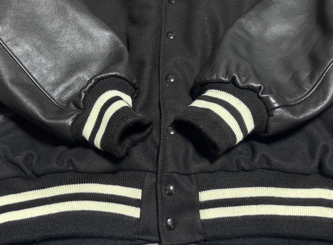 美品 キングサイズ4XL Delong 袖革 スタジャン オールブラック