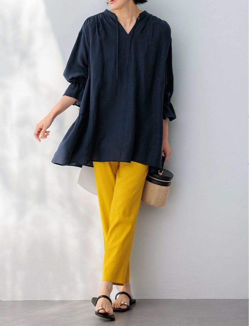 23区　LIBECOリネン ティアード チュニックブラウス 38 ネイビー極美品