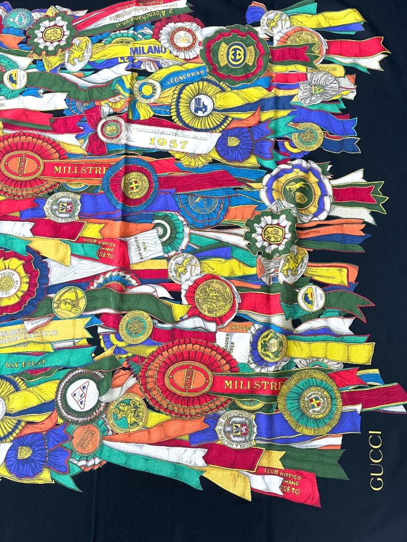 美品　GUCCI グッチ イタリア製 大判ストール ロゼット リボン柄 ブラック
