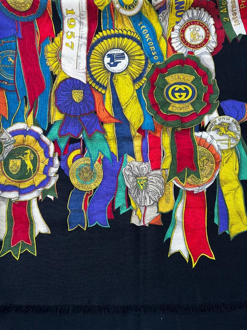 美品　GUCCI グッチ イタリア製 大判ストール ロゼット リボン柄 ブラック