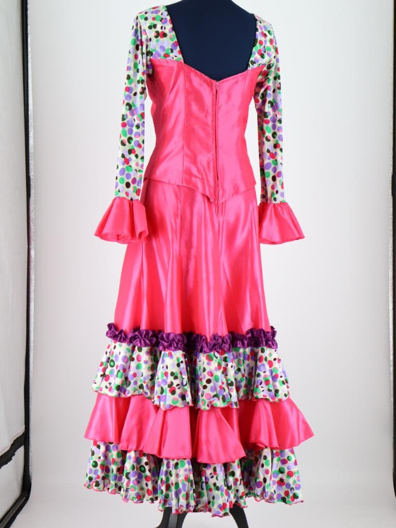 【美品 フラメンコ衣装】光沢ピンク×マルチカラー柄 ブラウス ファルダ スカート