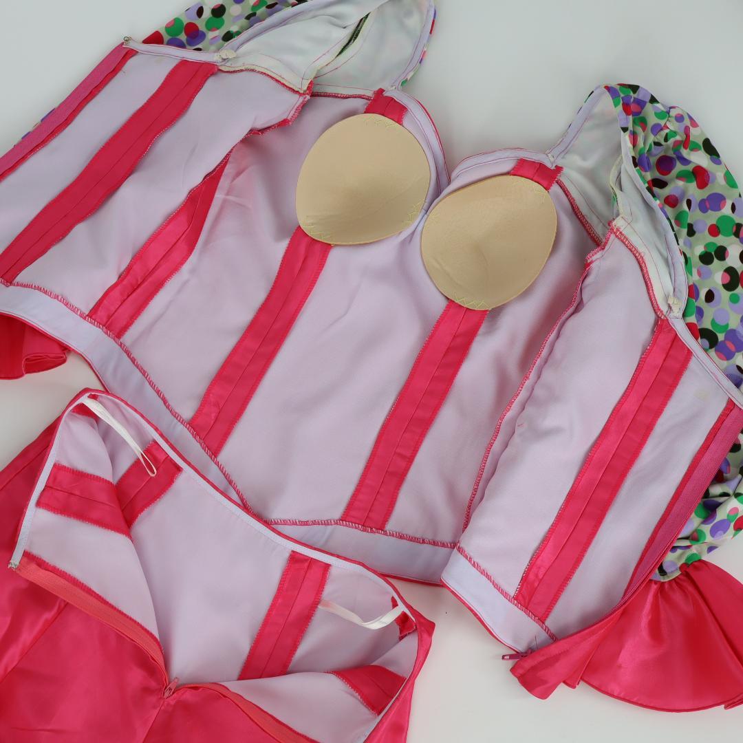 【美品 フラメンコ衣装】光沢ピンク×マルチカラー柄 ブラウス ファルダ スカート