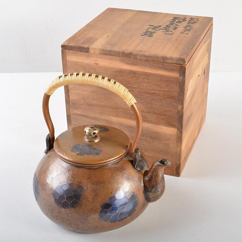 煎茶道具　鎚起銅器　玉川堂造　亀甲文　湯沸　薬缶　銅瓶　共箱　D　R5870