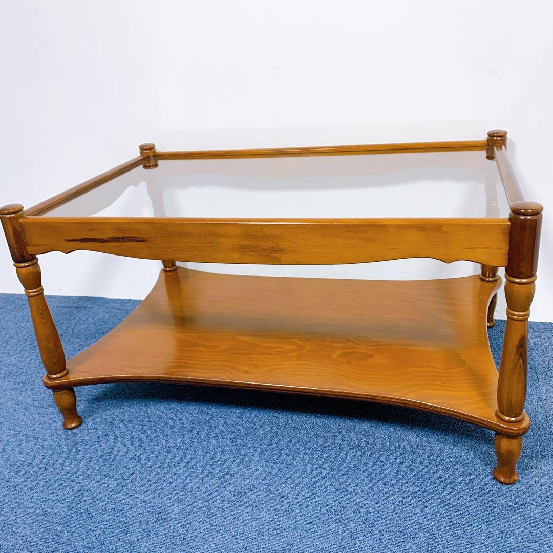 【稀少美品】アンティーク 木彫り ガラス ローテーブル 昭和レトロ