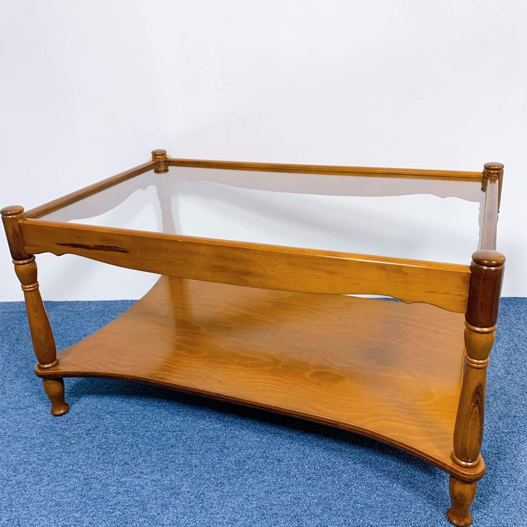 【稀少美品】アンティーク 木彫り ガラス ローテーブル 昭和レトロ