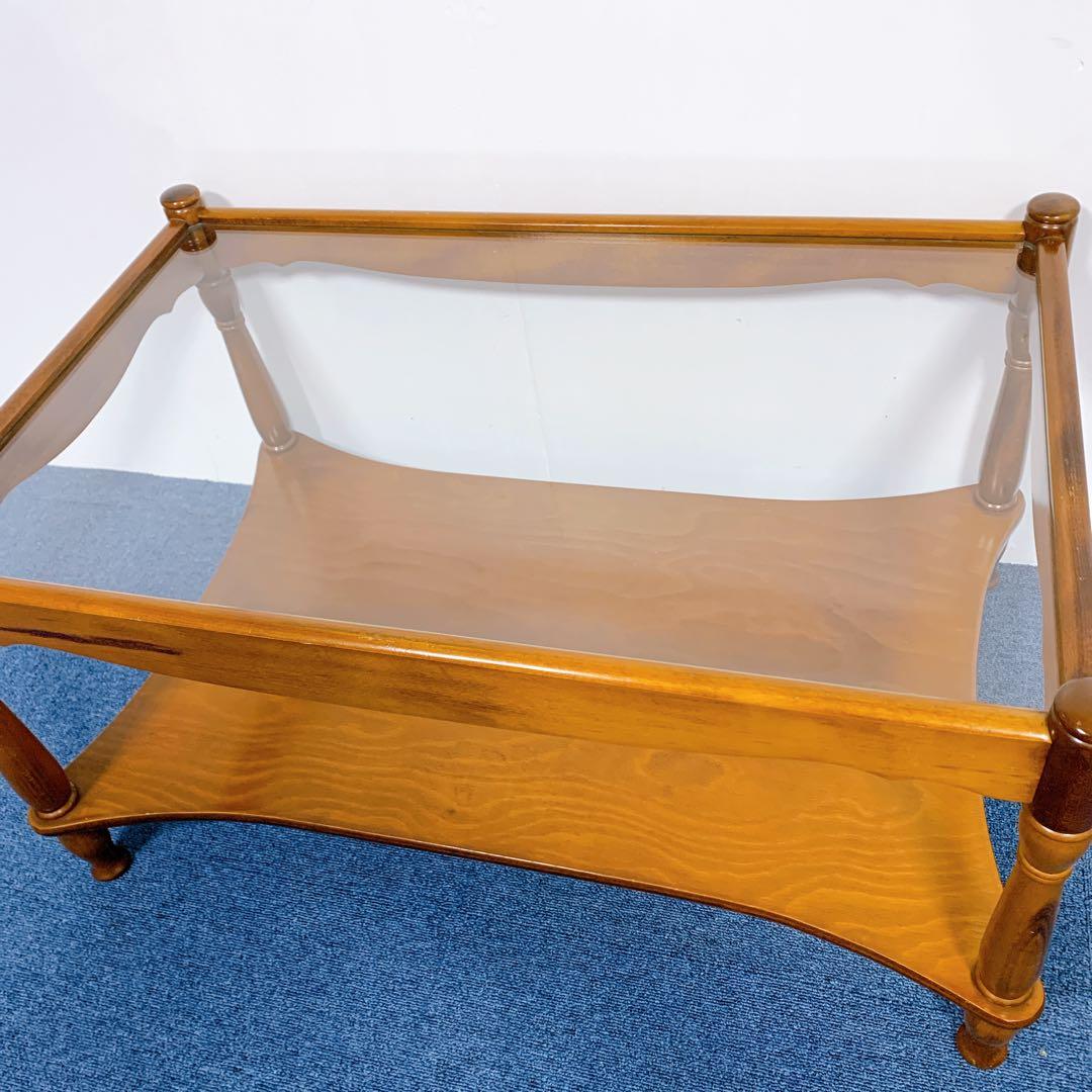 【稀少美品】アンティーク 木彫り ガラス ローテーブル 昭和レトロ