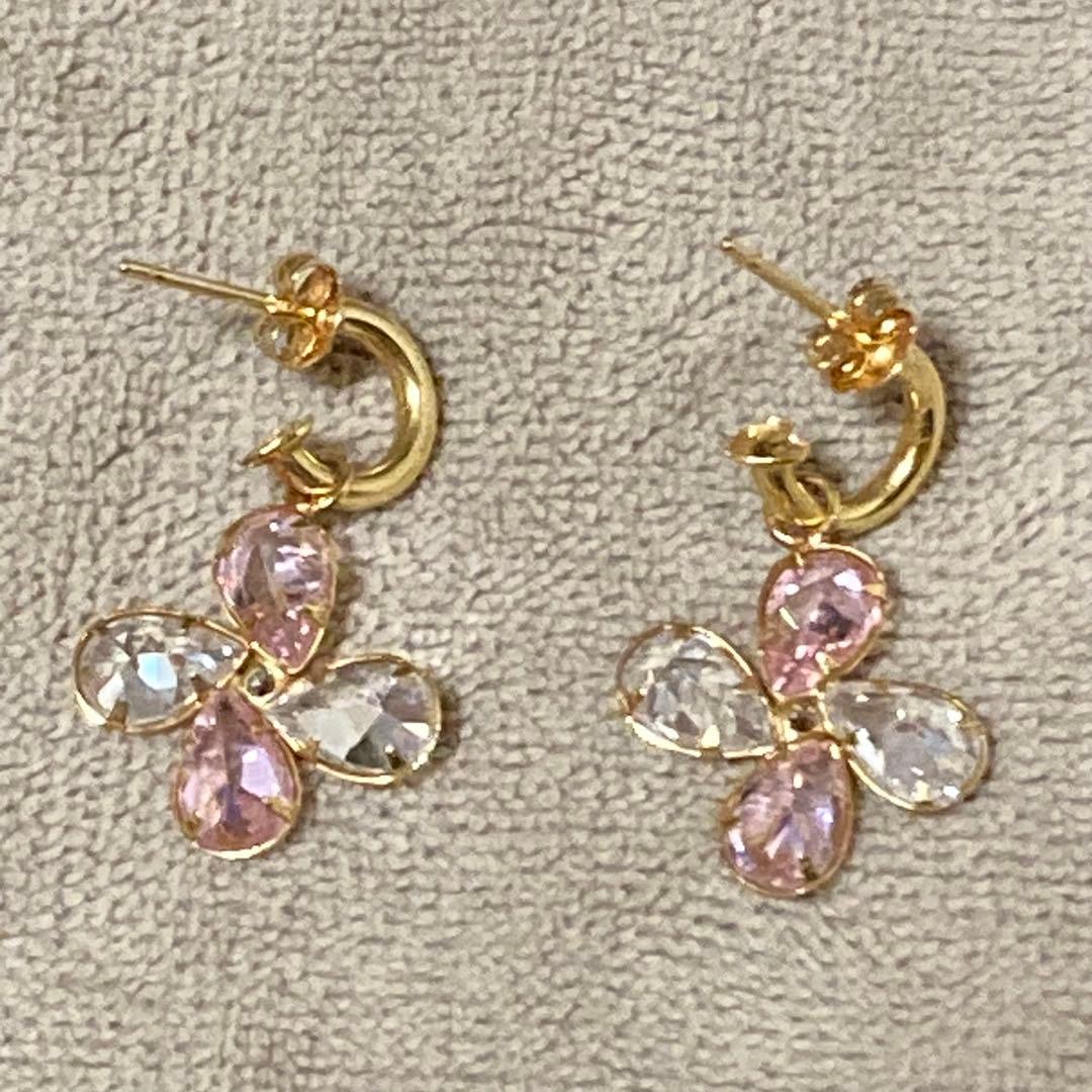 花型フープピアス ピンクストーン　18k