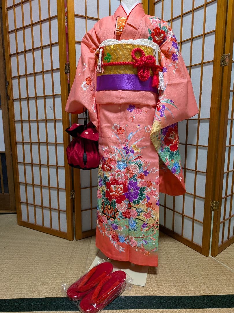 花柄ピンク七五三　７歳着物フルセット