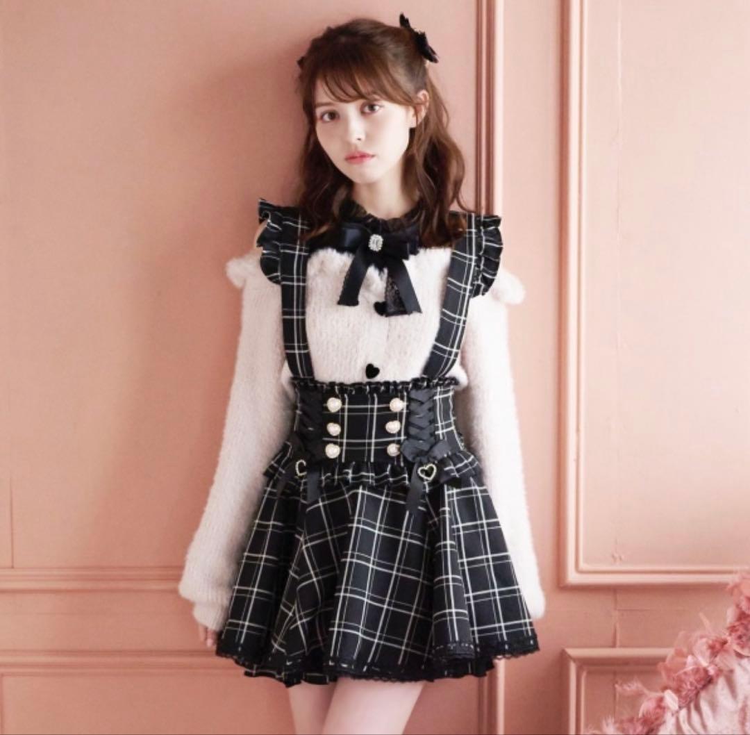 LIZLISA レースアップサスペンダー付きスカパン ブラックチェック