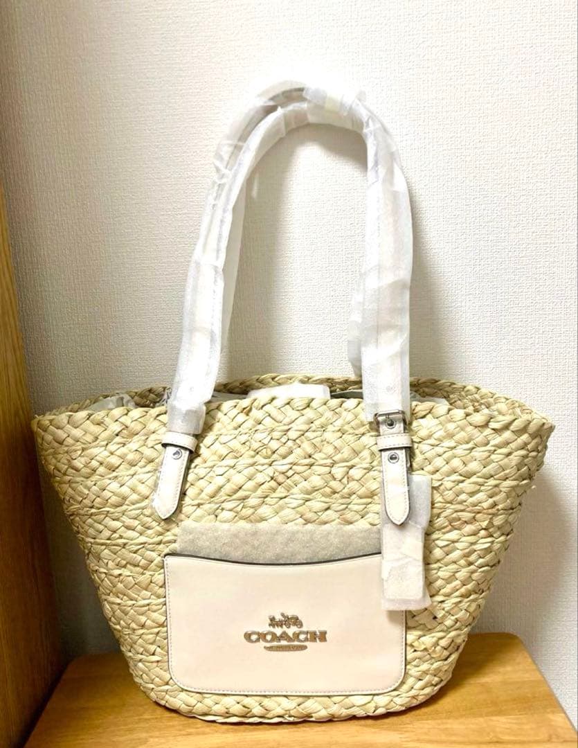 【新品・未使用】COACH コーチラージトートカゴバッグ ストロー素材