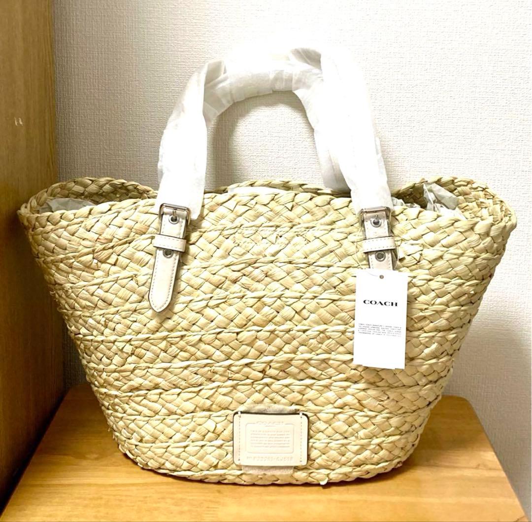 【新品・未使用】COACH コーチラージトートカゴバッグ ストロー素材