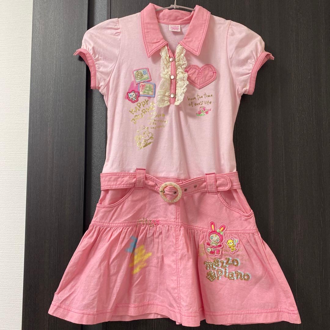 メゾピアノピンク 半袖ワンピース ハート刺繍