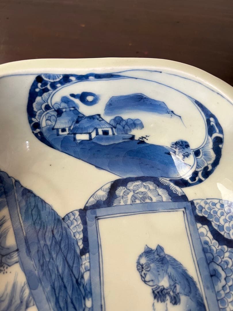 珍図　江戸後期幕末　古伊万里　染付　猿　虎　木瓜形鉢　鶴　山水村　干支