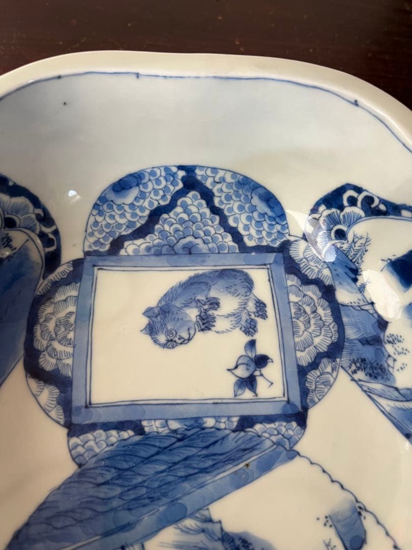 珍図　江戸後期幕末　古伊万里　染付　猿　虎　木瓜形鉢　鶴　山水村　干支