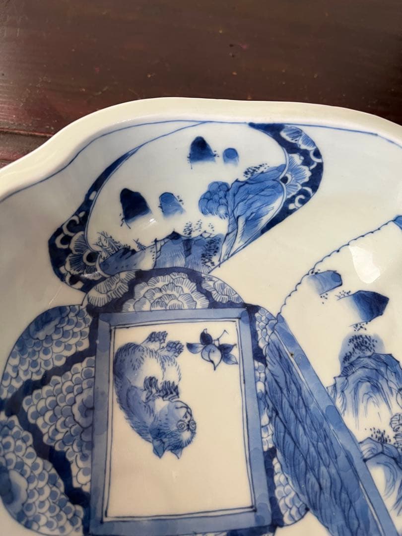 珍図　江戸後期幕末　古伊万里　染付　猿　虎　木瓜形鉢　鶴　山水村　干支