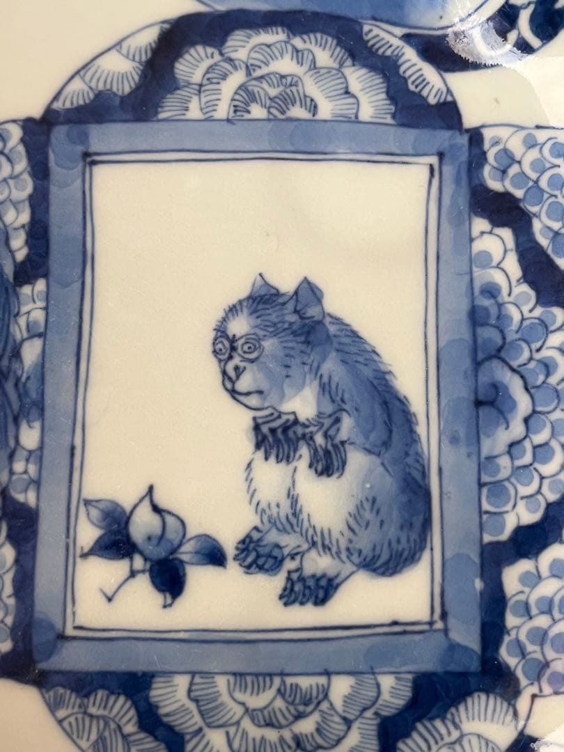 珍図　江戸後期幕末　古伊万里　染付　猿　虎　木瓜形鉢　鶴　山水村　干支