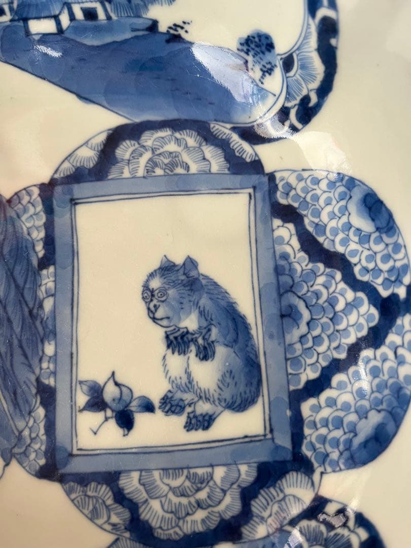 珍図　江戸後期幕末　古伊万里　染付　猿　虎　木瓜形鉢　鶴　山水村　干支