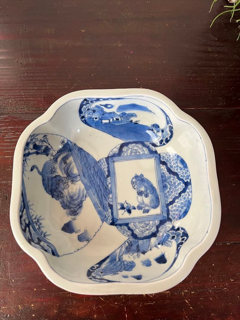 珍図　江戸後期幕末　古伊万里　染付　猿　虎　木瓜形鉢　鶴　山水村　干支