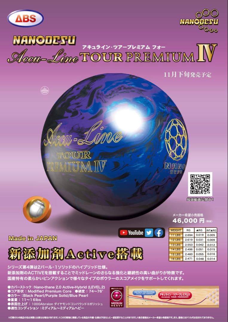 ABS アキュラインツアープレミアムⅣ 15P 新品　ボウリング　ボール