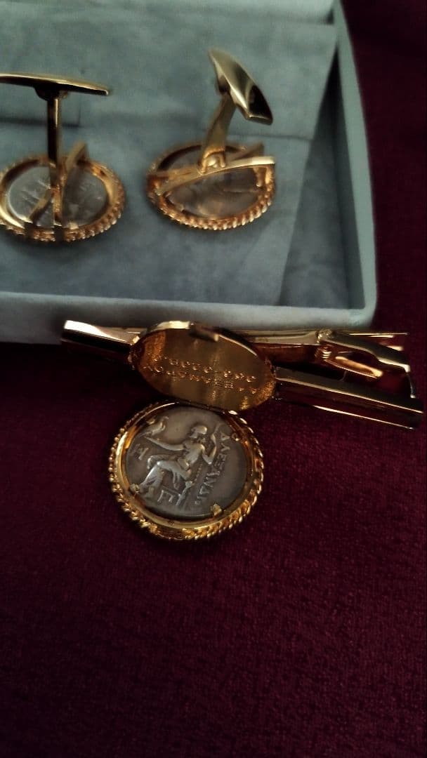 【限定1セット】アレキサンダー大王 古代ドラグマ銀貨カフリンクスタイバーセット