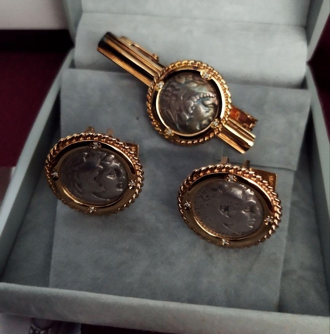 【限定1セット】アレキサンダー大王 古代ドラグマ銀貨カフリンクスタイバーセット