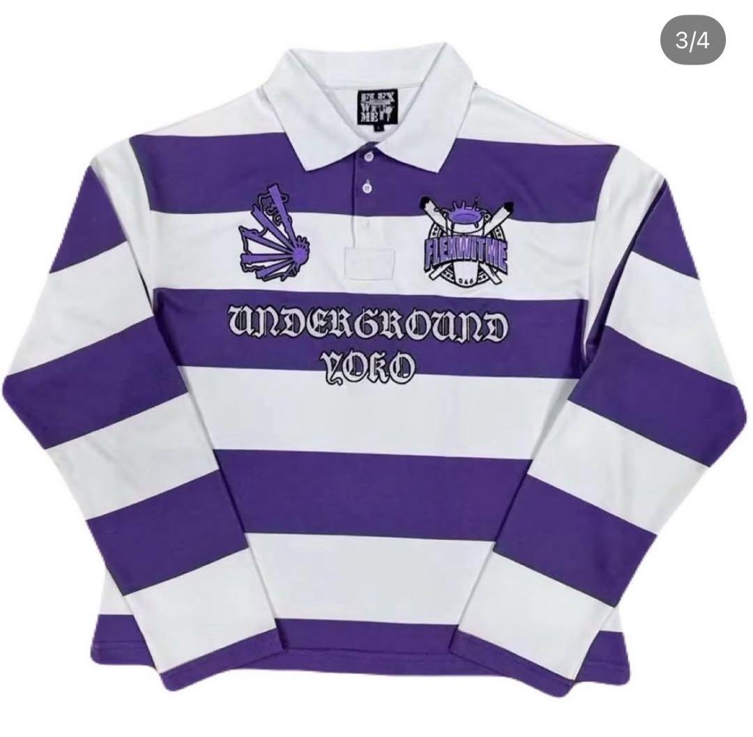 flexwitme 長袖 ポロシャツ 紫 白 ストライプ