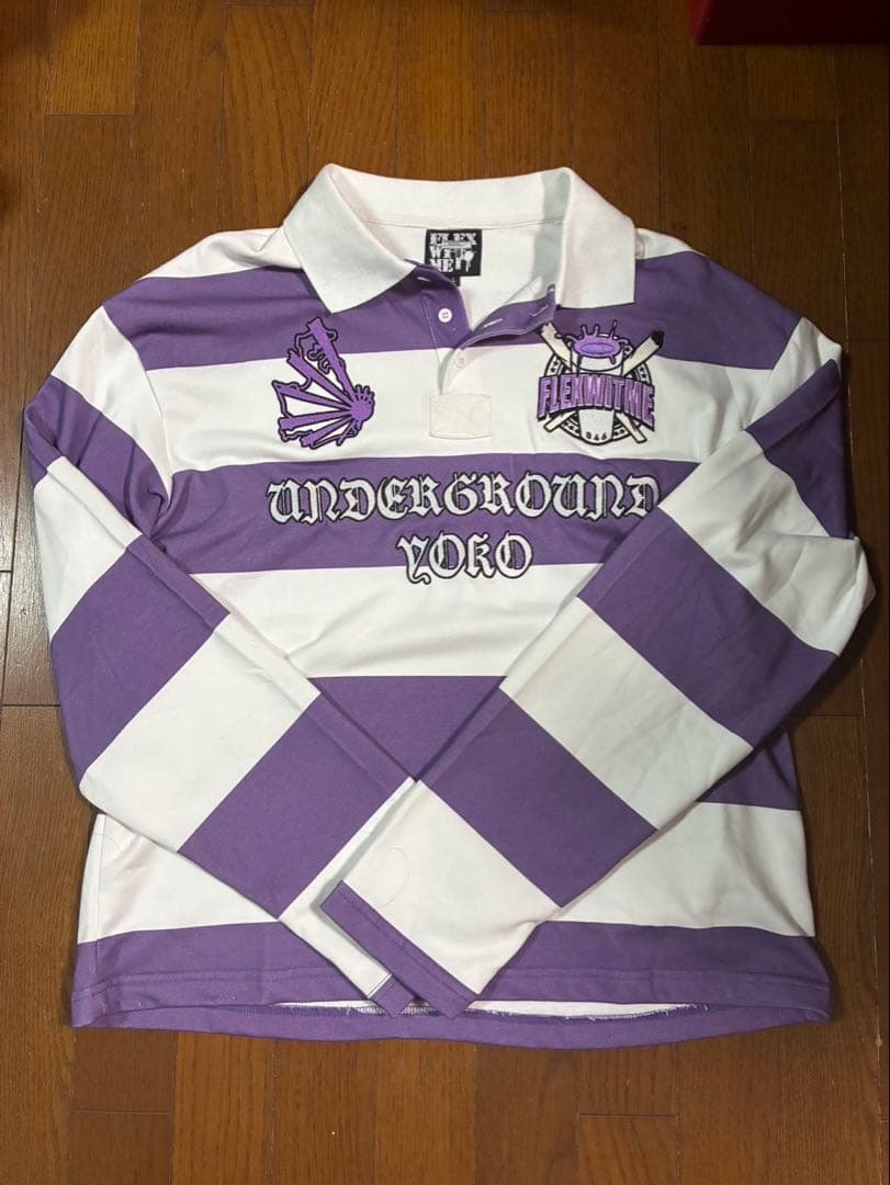 flexwitme 長袖 ポロシャツ 紫 白 ストライプ