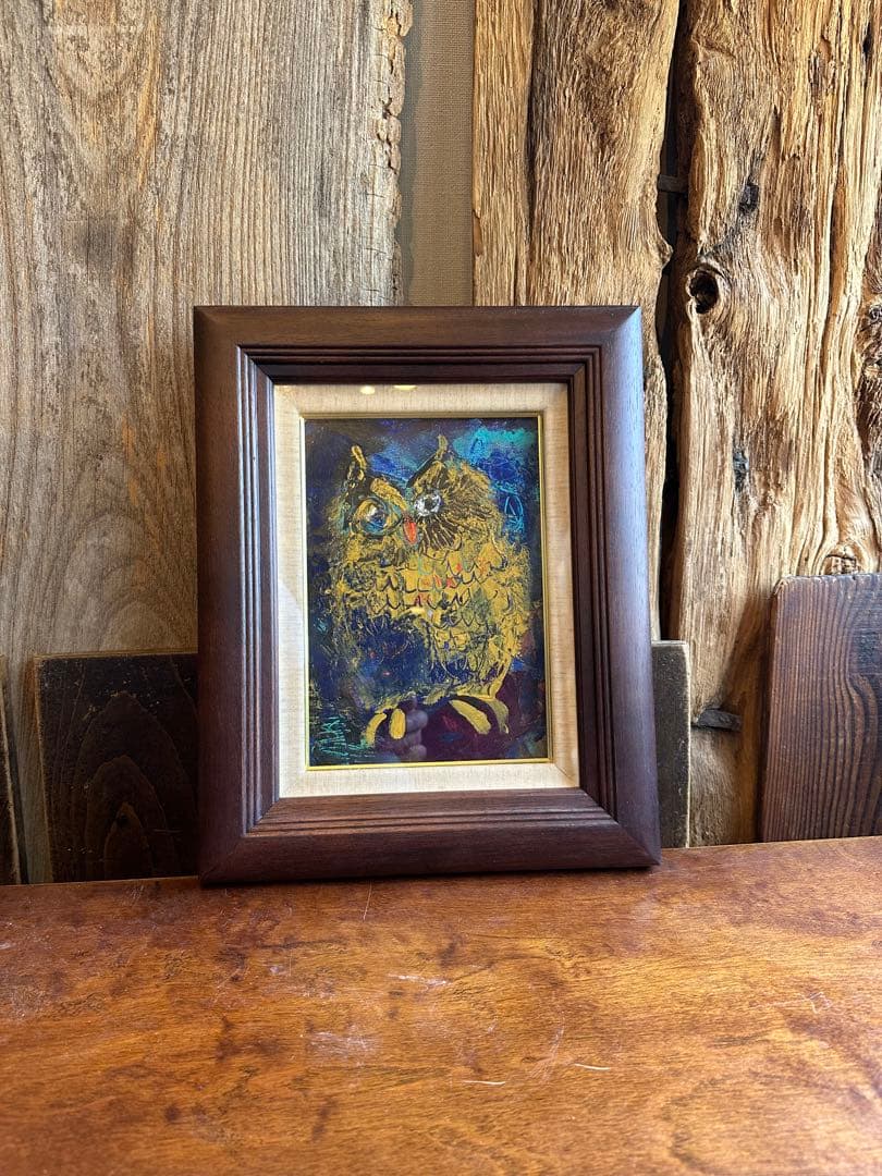 渡辺俊明　油彩画　フクロウ　梟　ミミズク　木兎　木版画包装紙　画虫居パンフレット